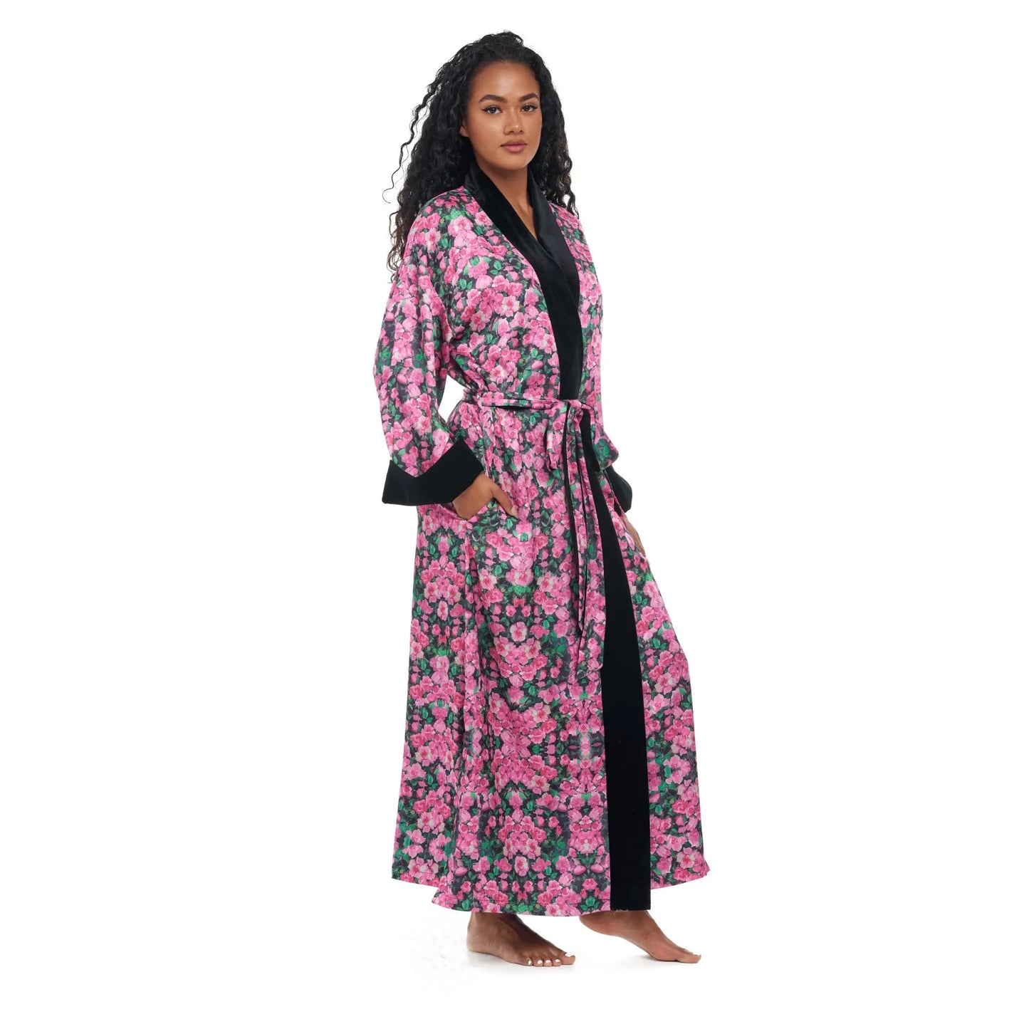 Rosette Noir Elegant Robe with bold floral print in black and pink