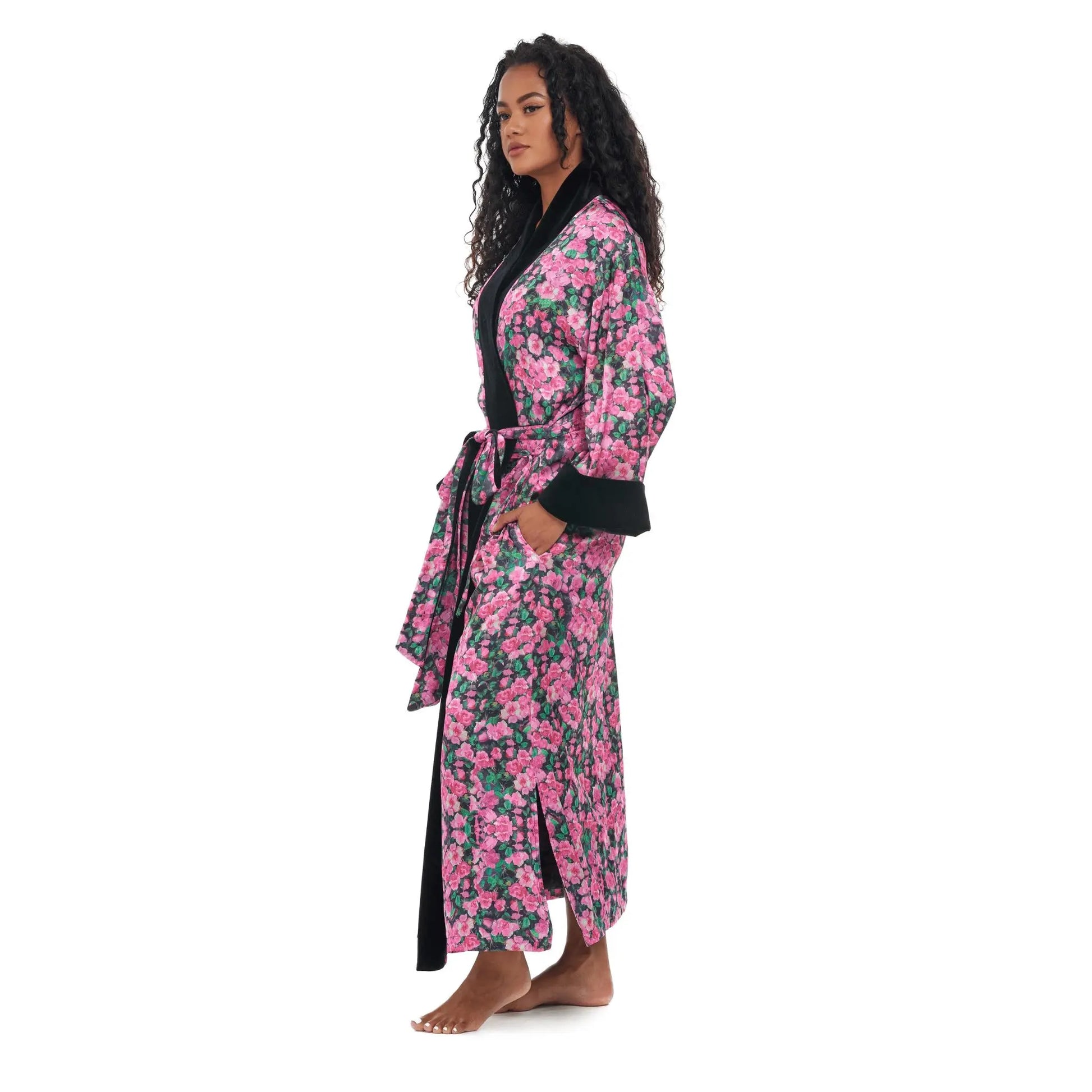 Elegant black satin Rosette Noir robe with pink floral design