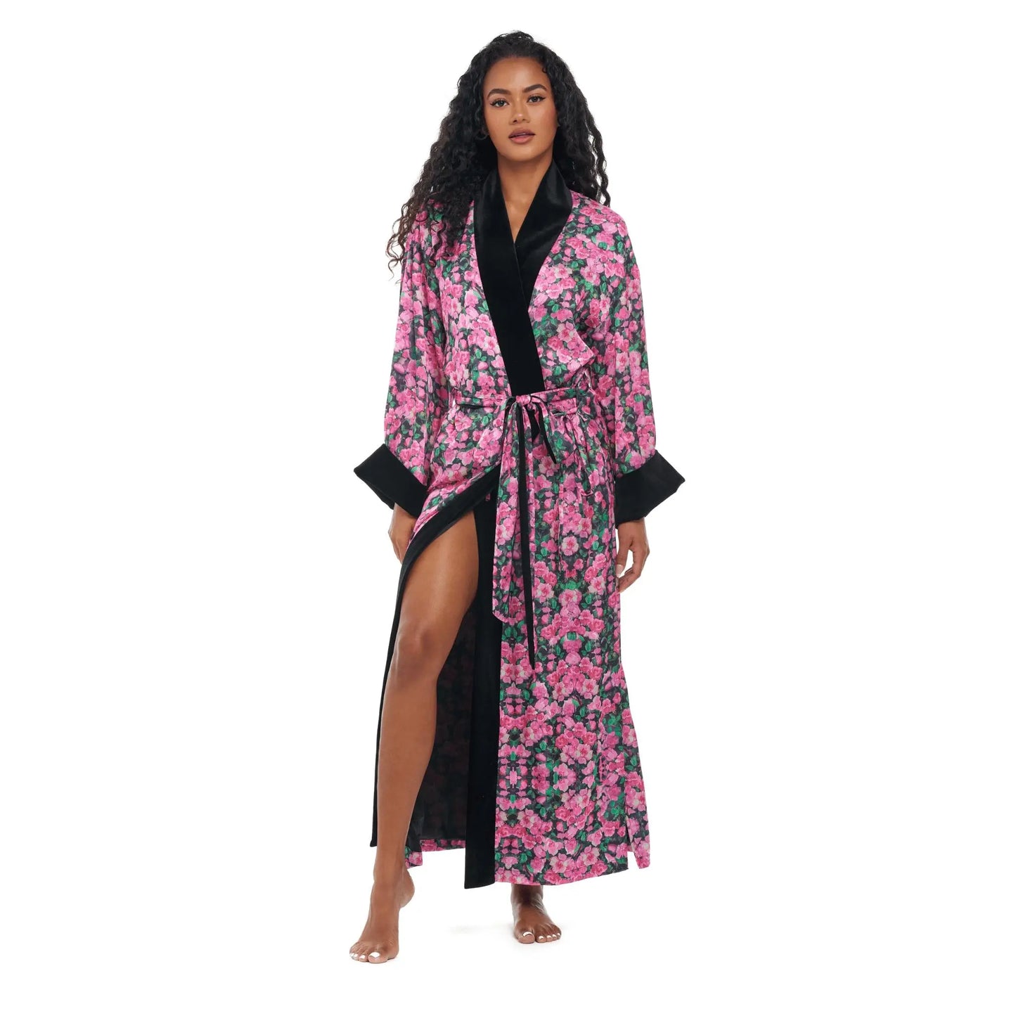 Luxury Rosette Noir floral robe for women in black and pink