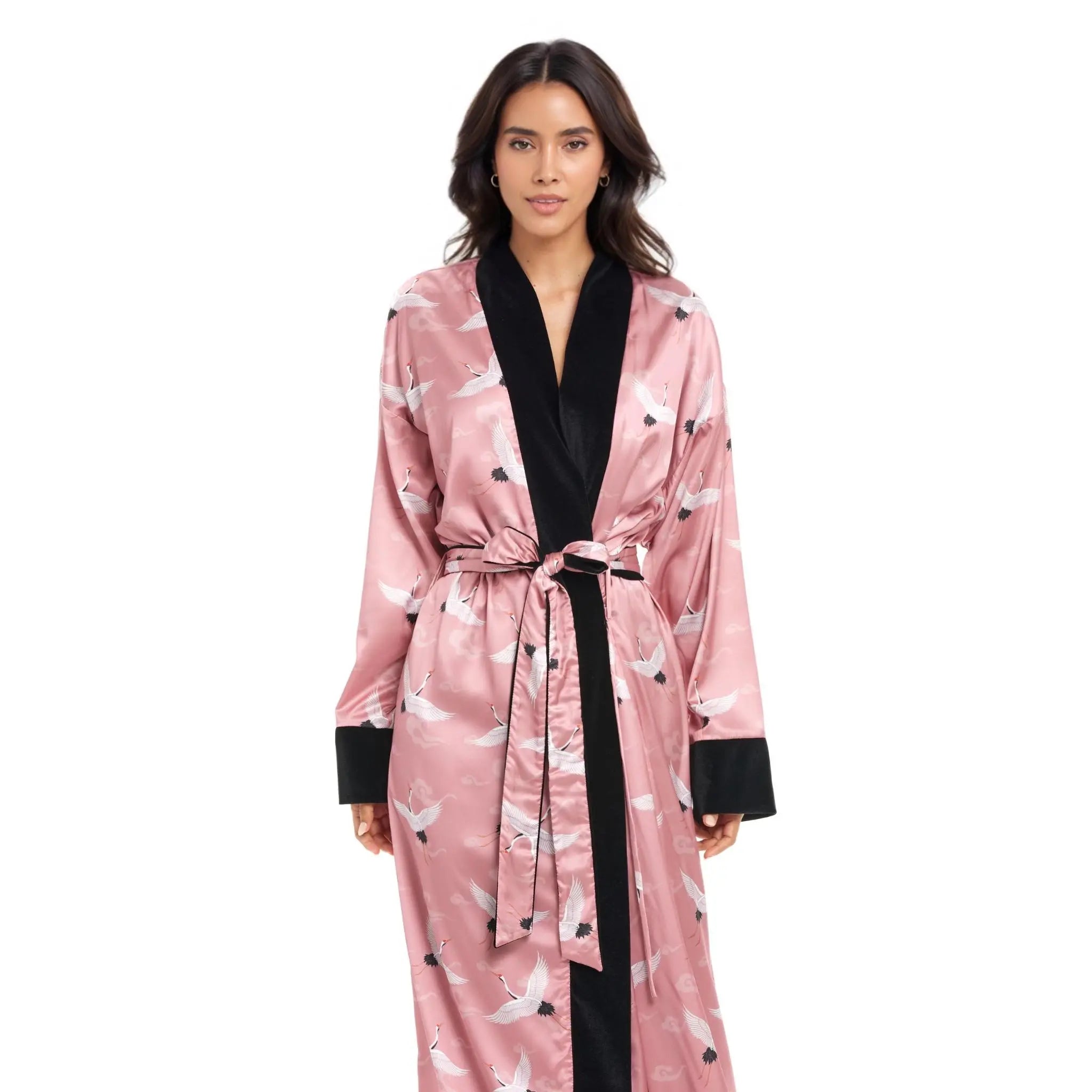 Candy Robe Long Satin Robe Candy Crane – Elegant Pink Robe with Black Crane Print ...