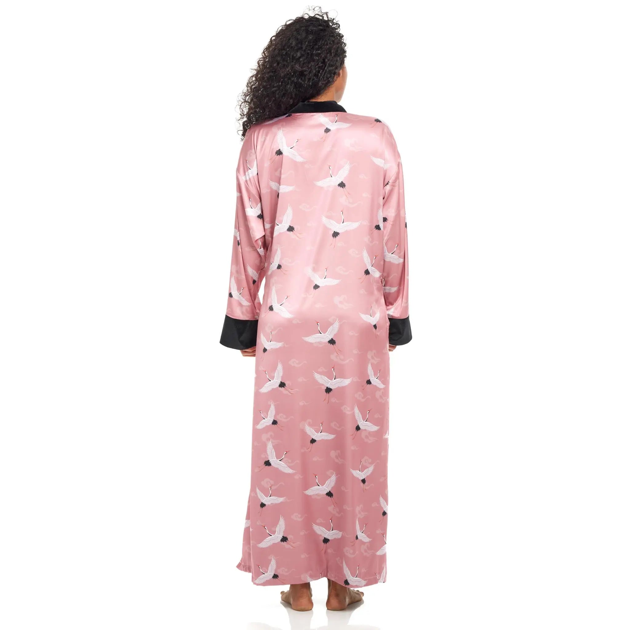 Candy Robe Long Satin Robe Candy Crane – Elegant Pink Robe with Black Crane Print ...