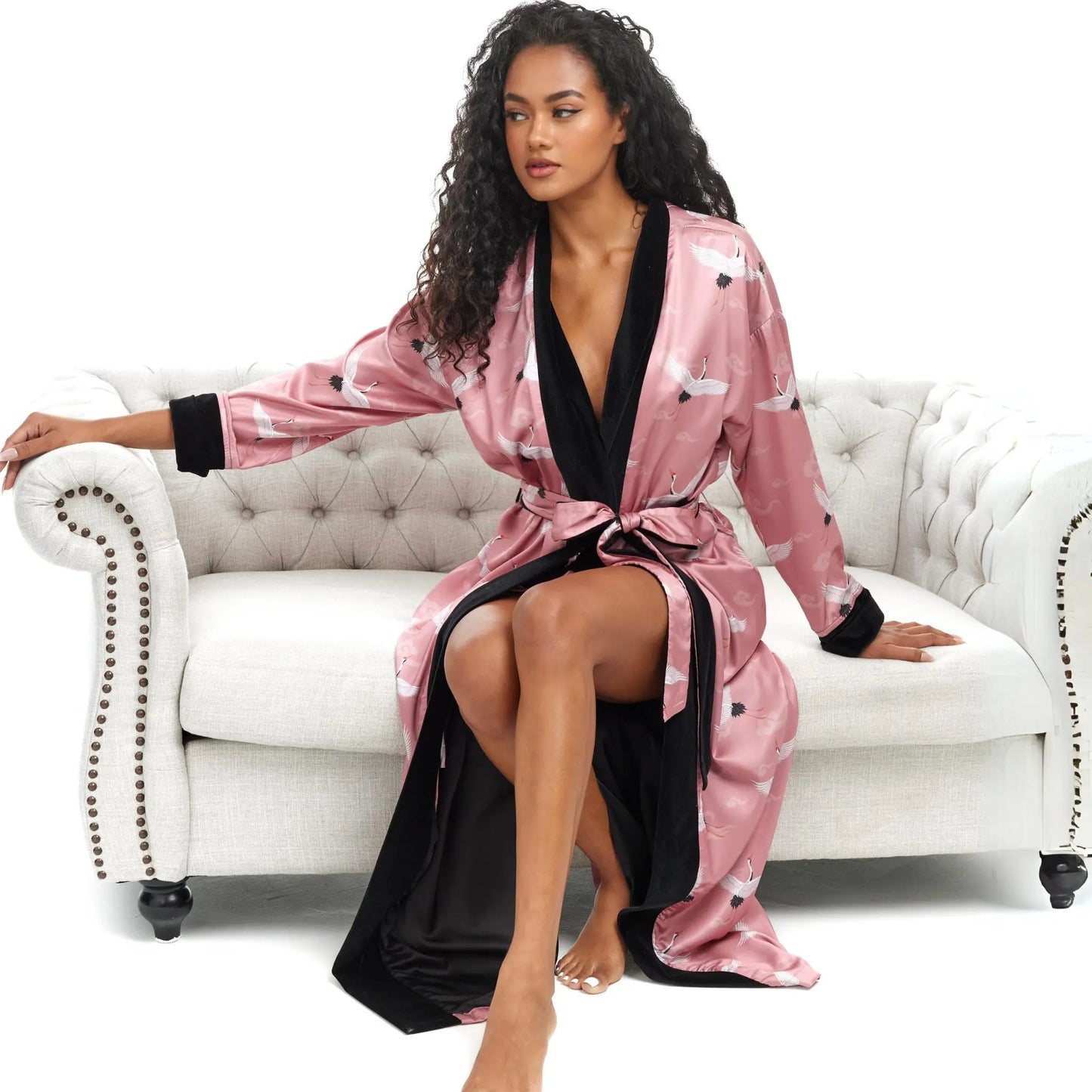 Model Bianca Tijiani wearing QWR Candy Crane Robe