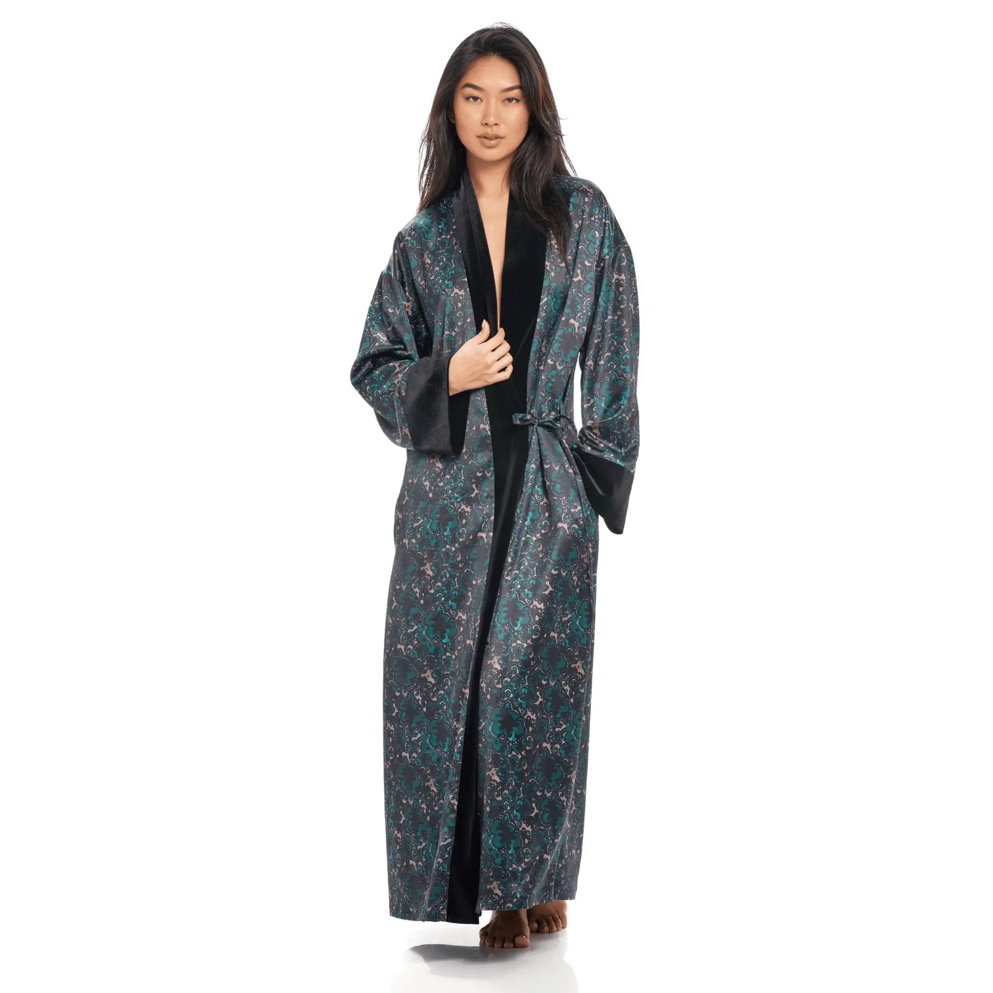 Rose Robe Emerald – Elegant Comfortable Floral Print Satin Robe – Queens Wear Robes Rose Robe Emerald – Elegant Comfortable Floral Print Satin Robe – Queens Wear Robes