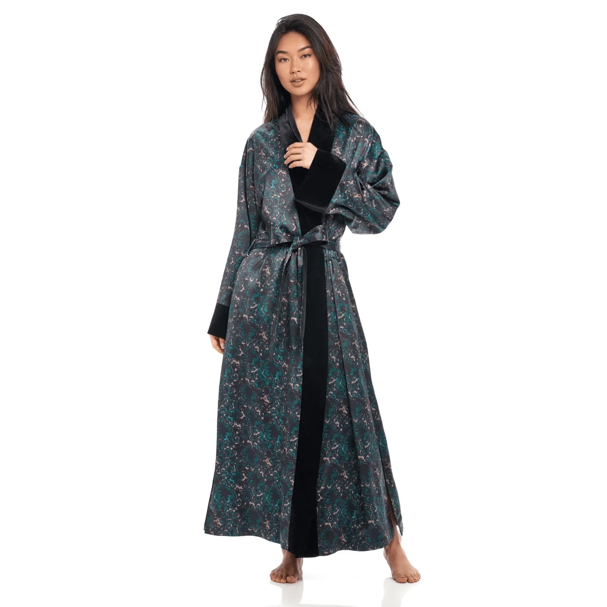 dress robes Rose Robe Emerald – Elegant Comfortable Floral Print Satin Robe – Queens Wear Robes