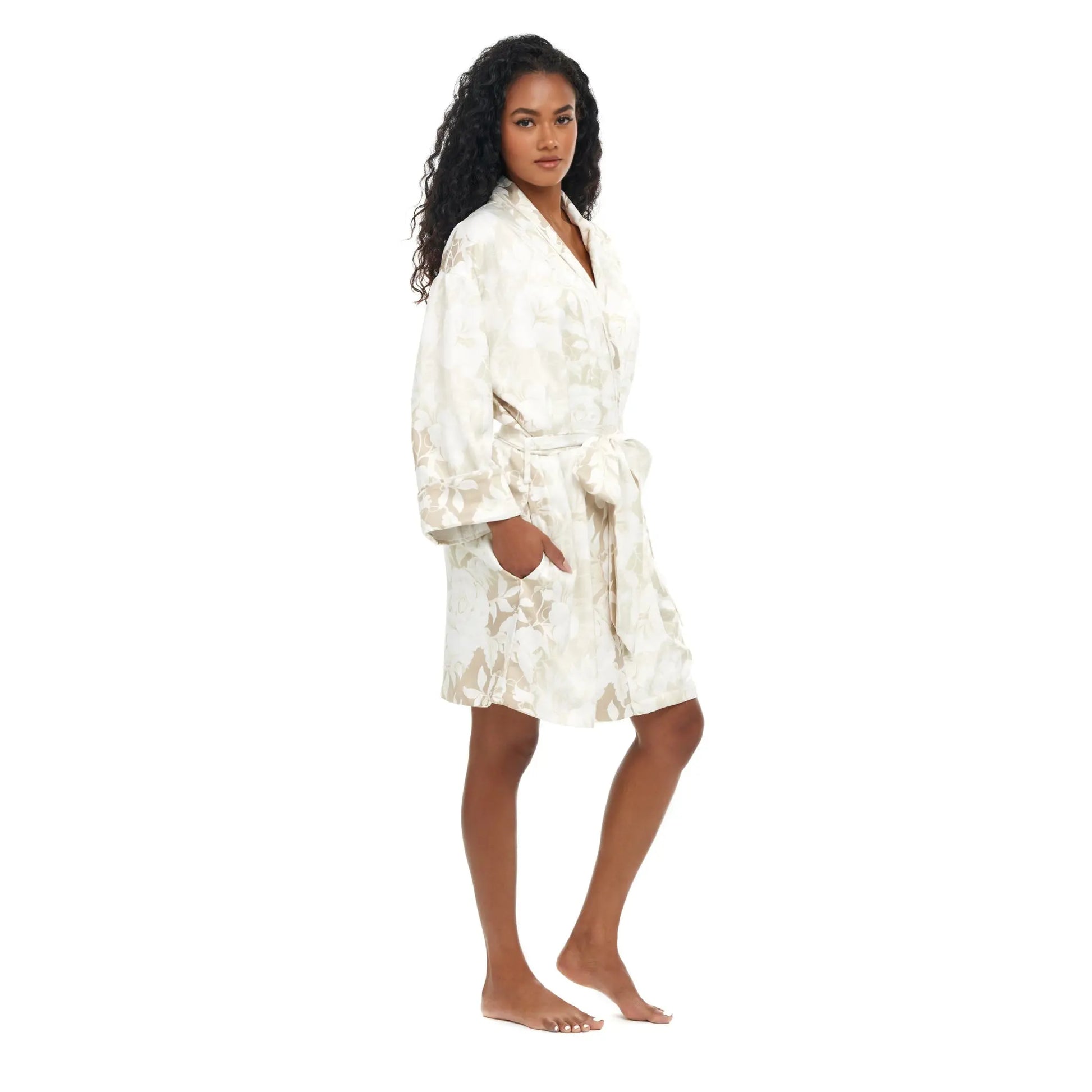 Ivory Romance bridal robe short length side view Queens Wear Robes