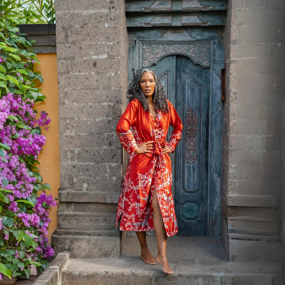 Luxury Robe Imperial Blossom – Vibrant Red Satin Cherry Blossom Robe ...