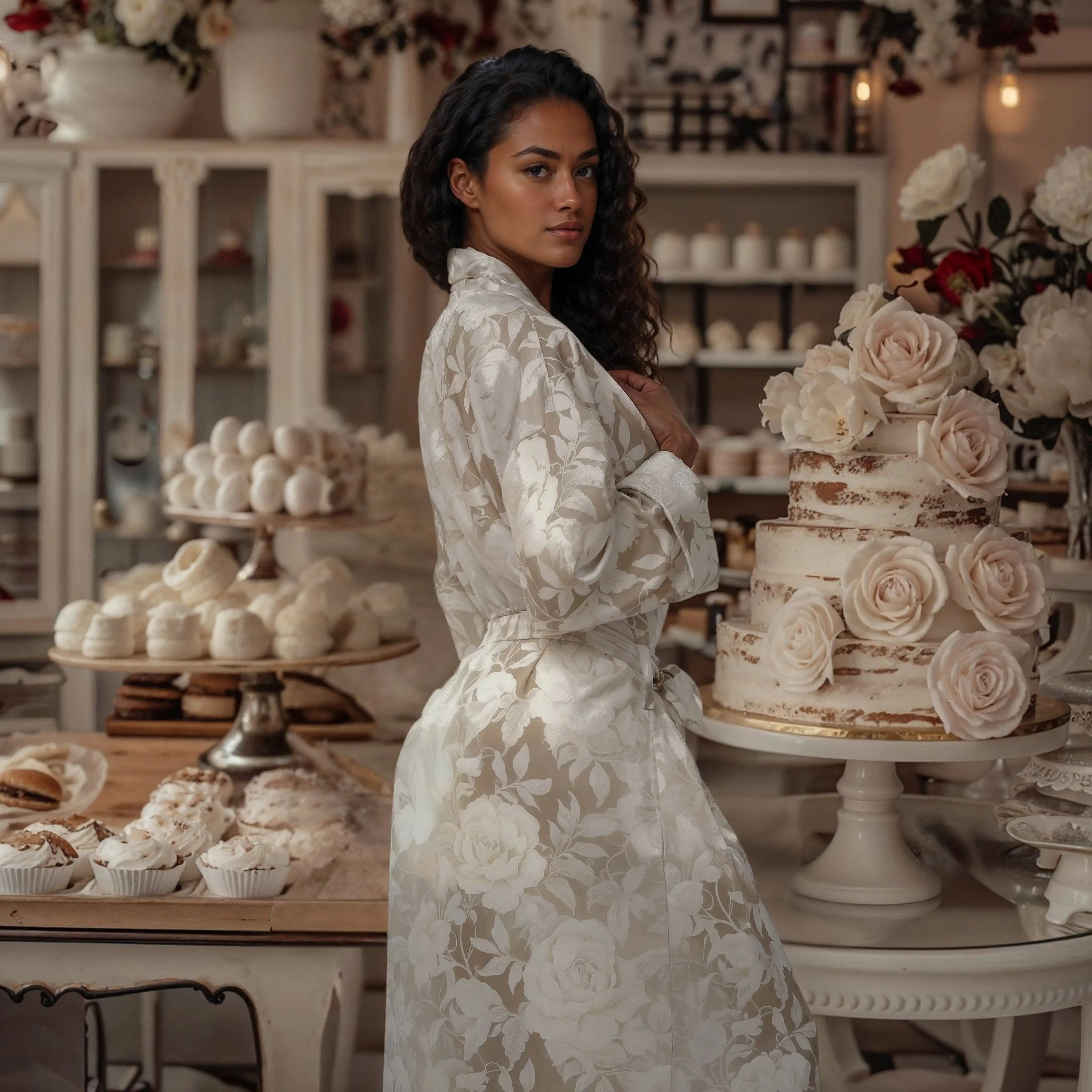 Wedding Dressing Gowns Ivory Romance Robe – Elegant Printed Satin Lace ...
