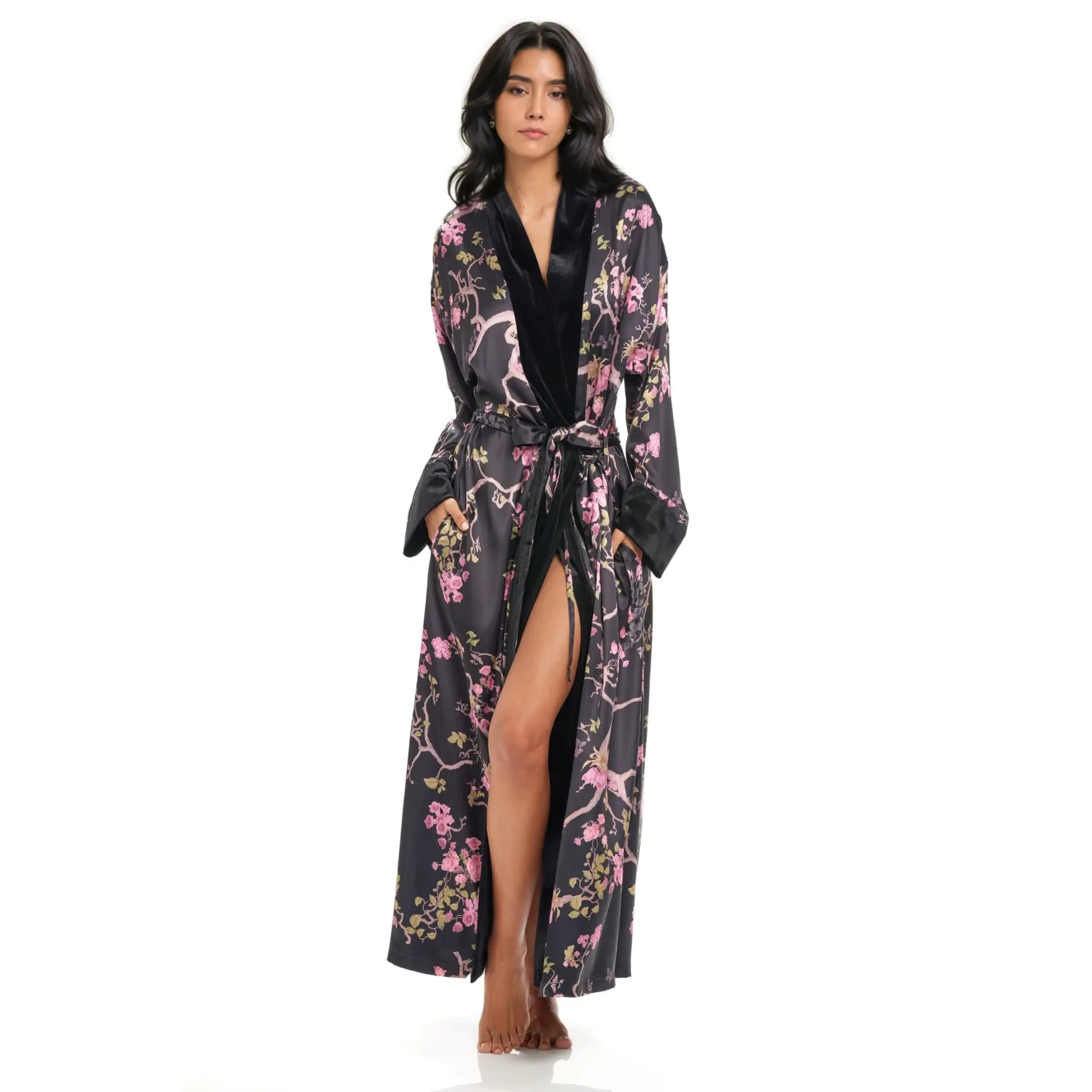 Front view of Midnight Blossom Women's Robe with pink cherry blossom print