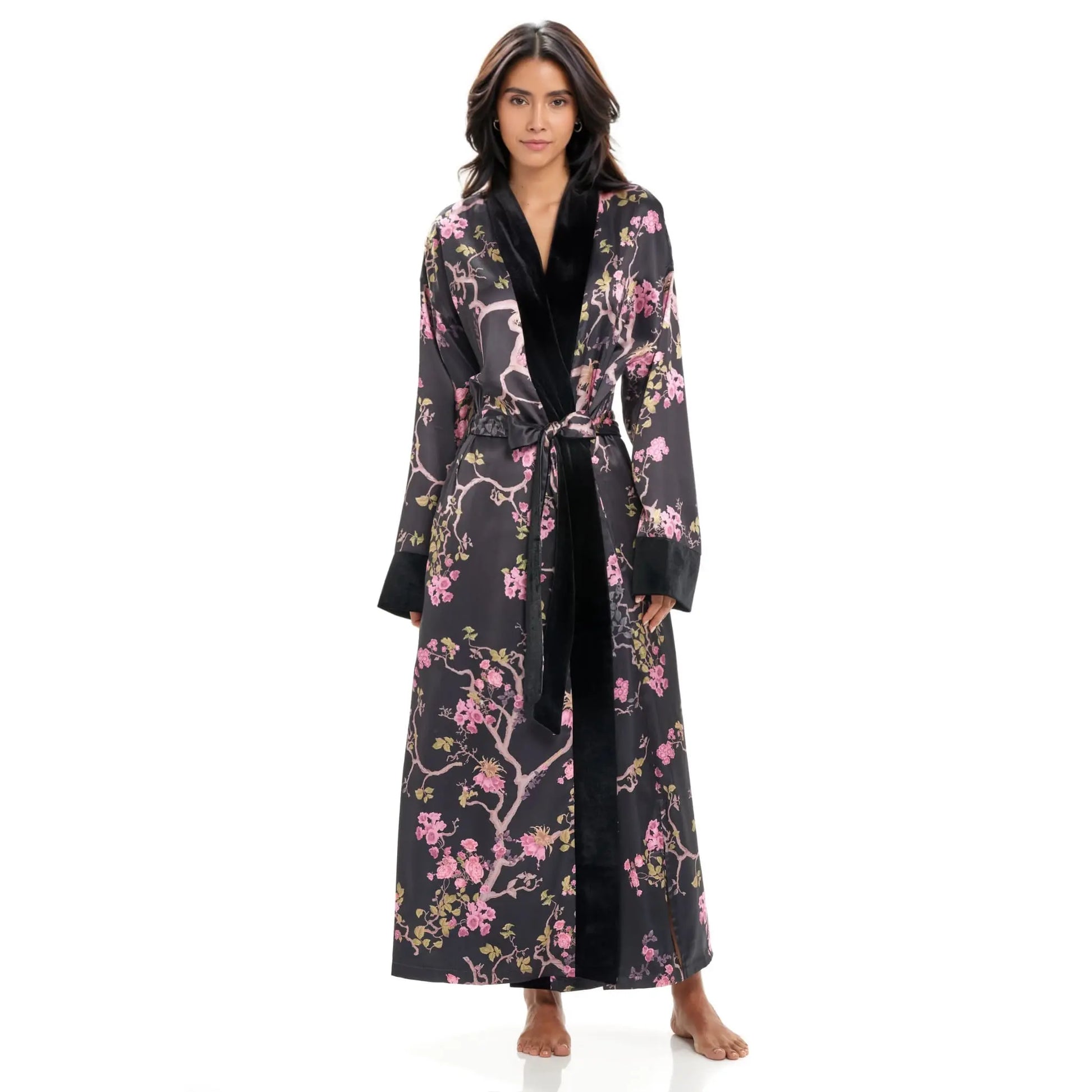 Full-length front view of Midnight Blossom Women's Robe with floral print