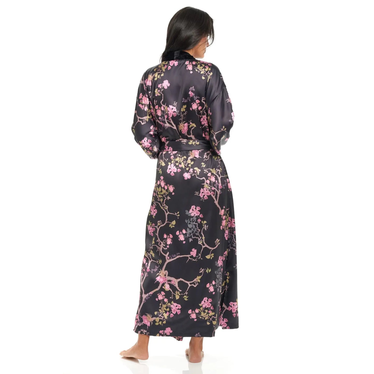 Back view of Midnight Blossom Women's Robe showing floral design on black satin