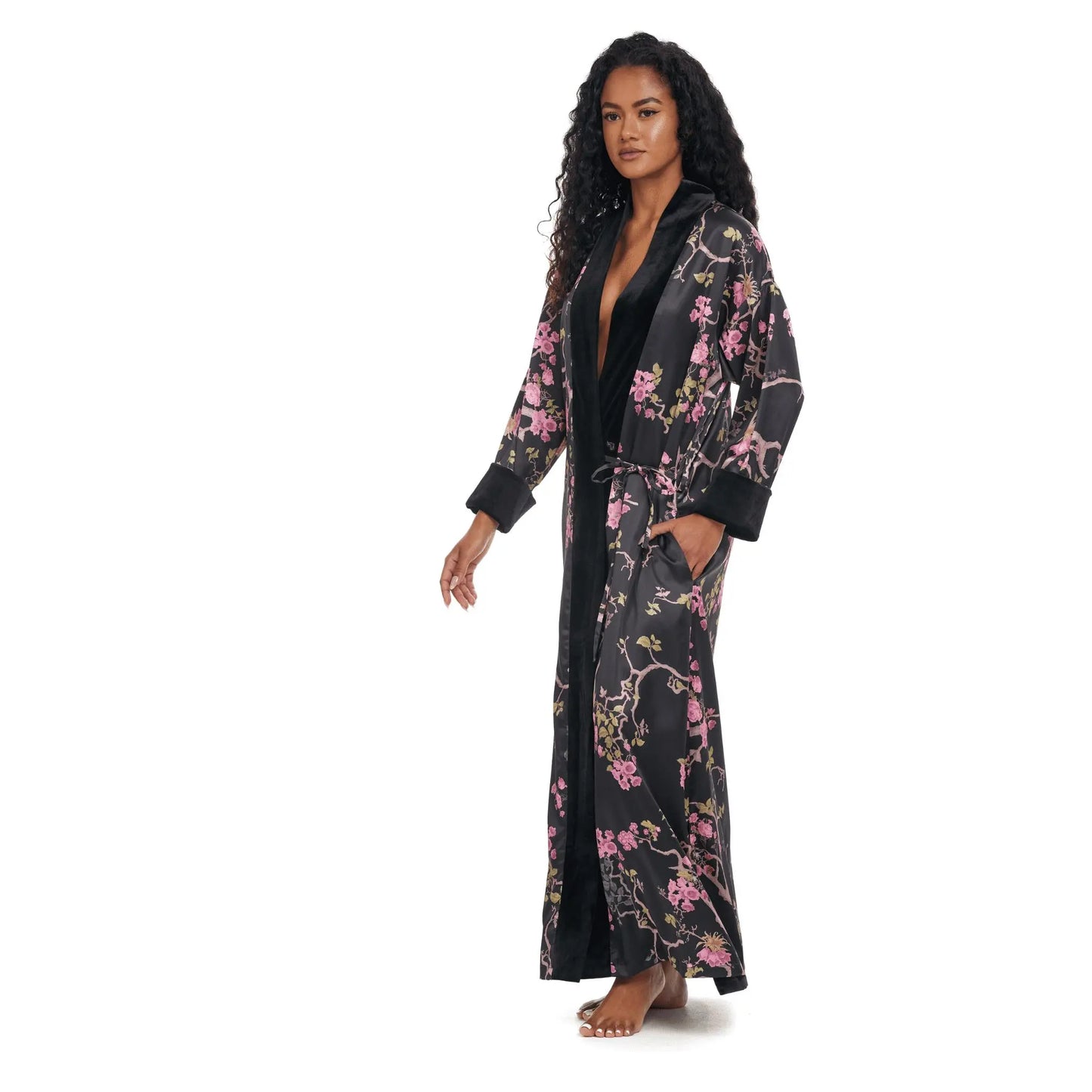 Side view of Midnight Blossom Women's Robe with elegant cherry blossom pattern