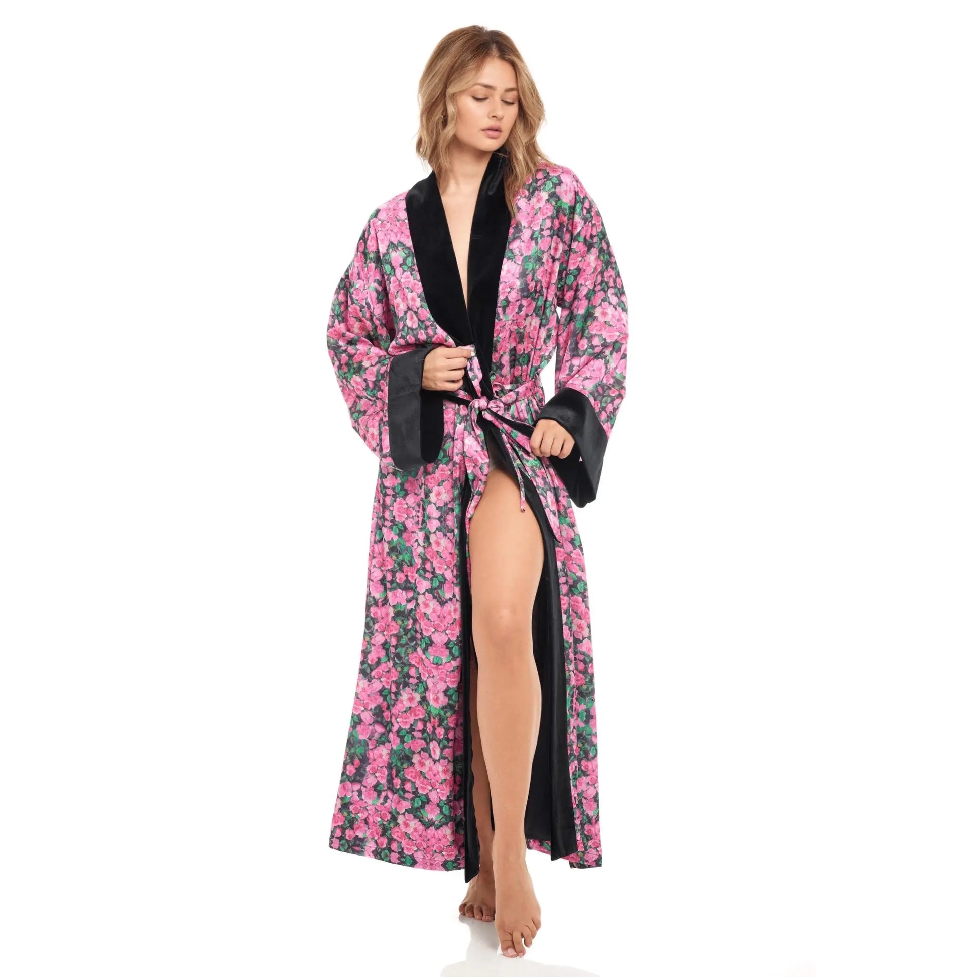 Rosette Noir long satin robe with bold black and pink floral pattern