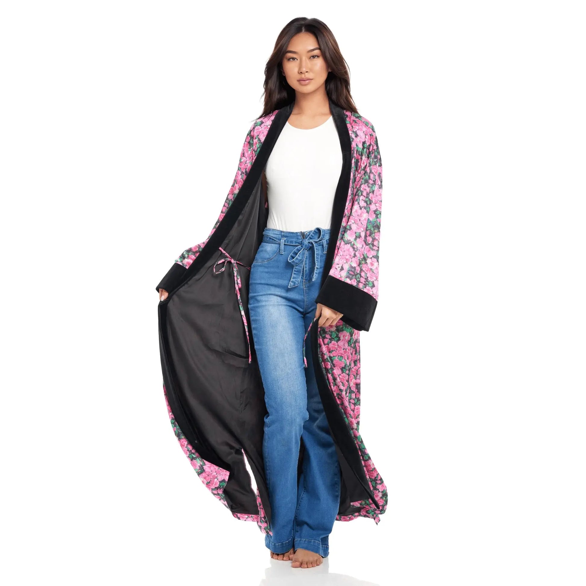 Rosette Noir floral satin robe worn with casual jeans lounging, in black and pink