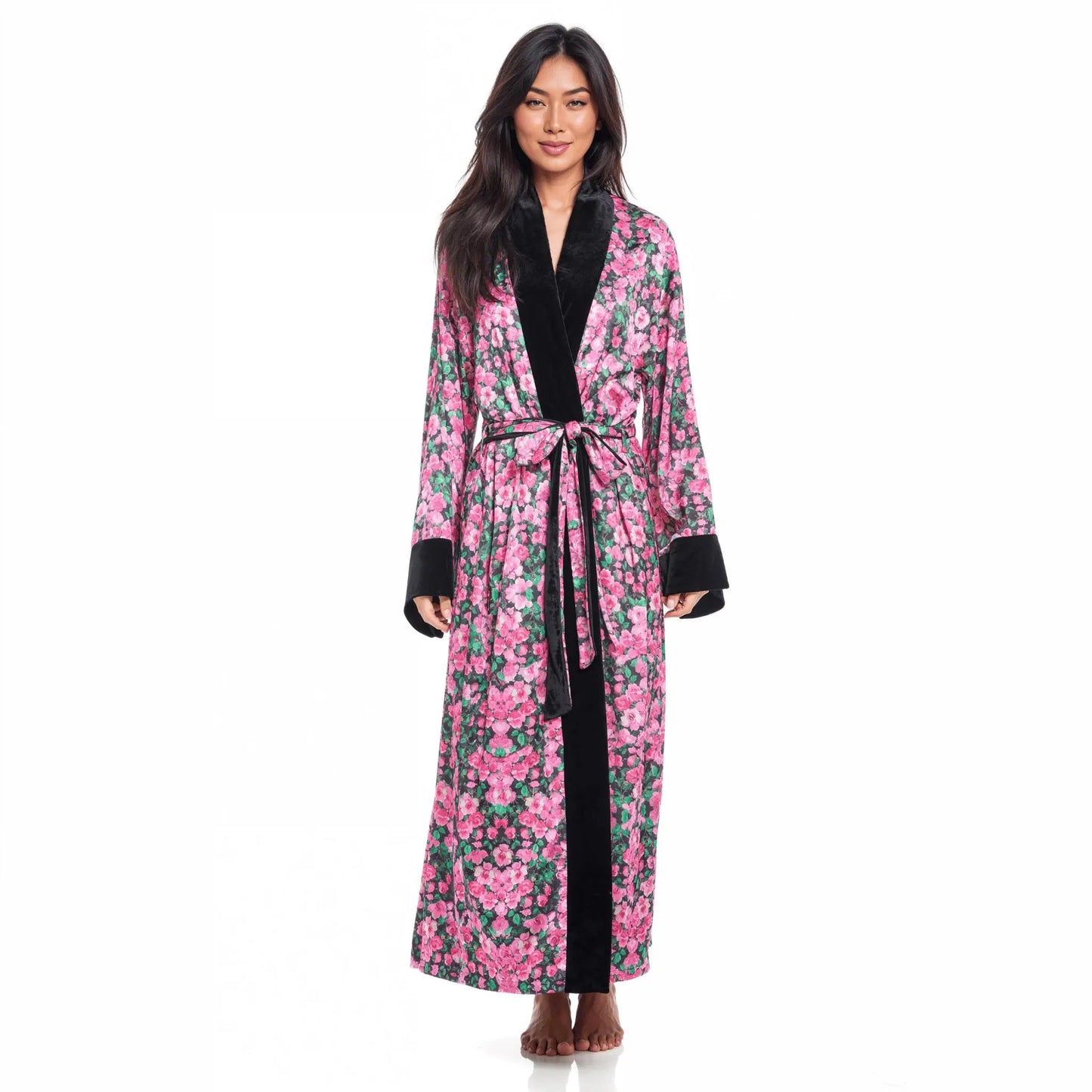 Black satin robe with pink floral print, Rosette Noir Elegant Robe