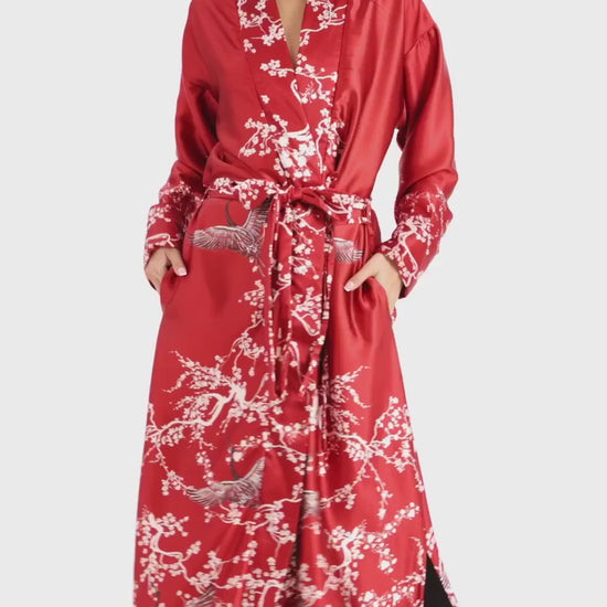 Model Shu Lin wearing the Queens Wear Robes Red Imperial Blossom robe