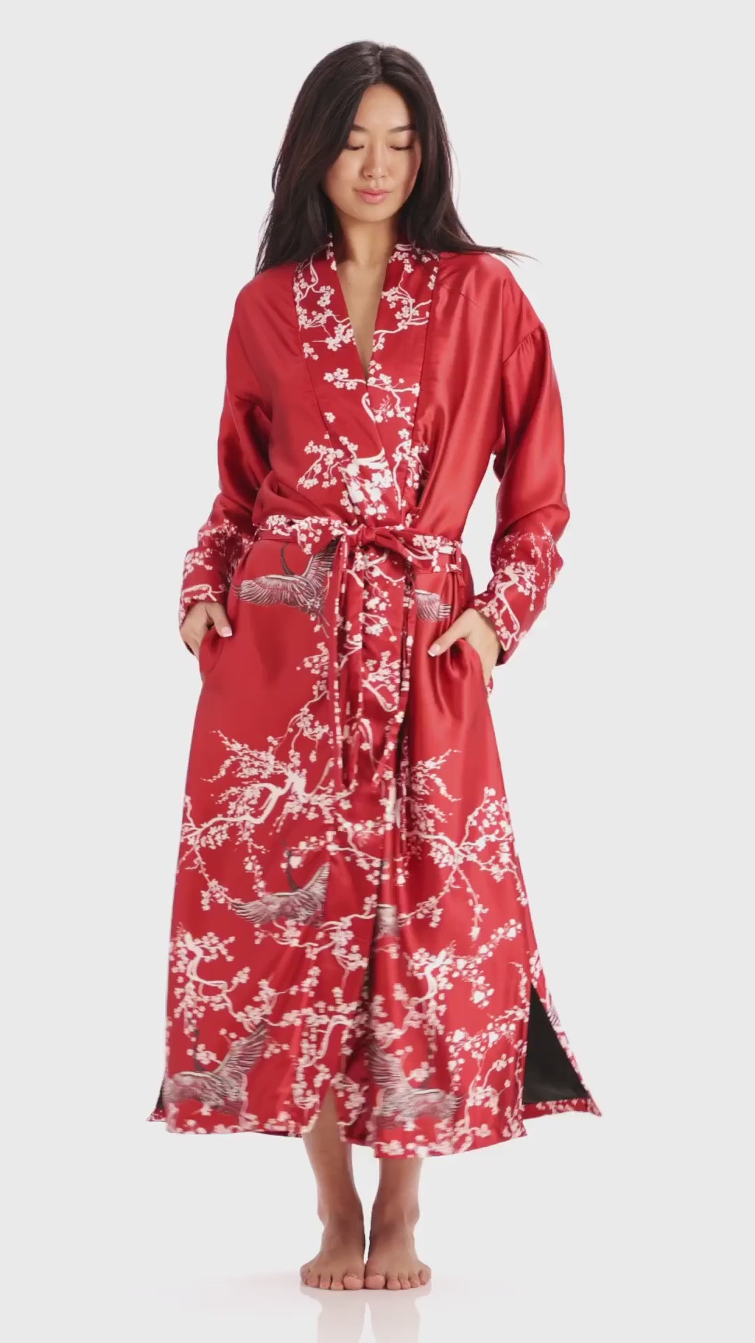 Model Shu Lin wearing the Queens Wear Robes Red Imperial Blossom robe